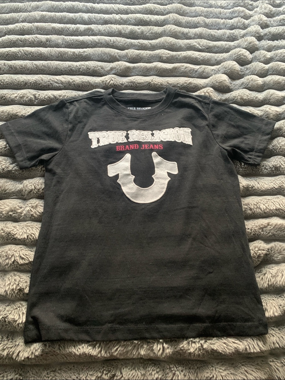 True Religion Black Tee with White Horseshoe and Pink Accent